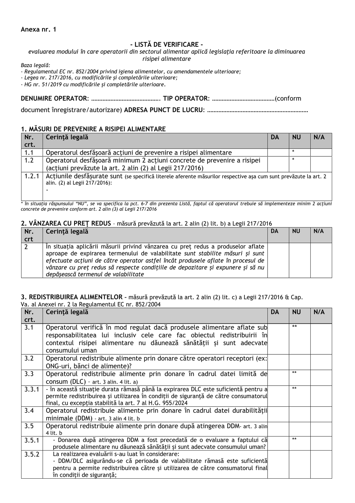 Prima pagină a Listei de verificare ANSVSA privind diminuarea risipei alimentare