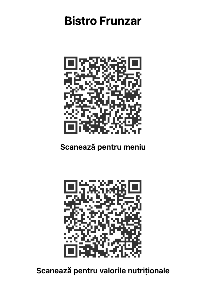 Cardul de masă A6 al unui restaurant, cu numele localului și cele două coduri QR