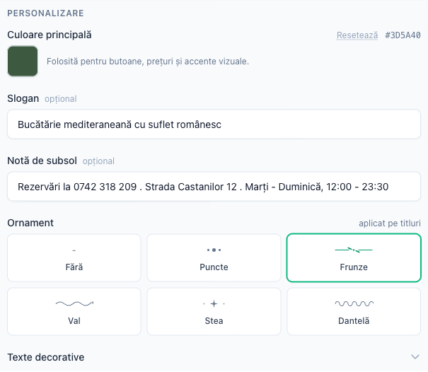 Personalizare: culoare principală, slogan, ornamente