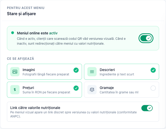 Comutatorul Meniul online este activ
