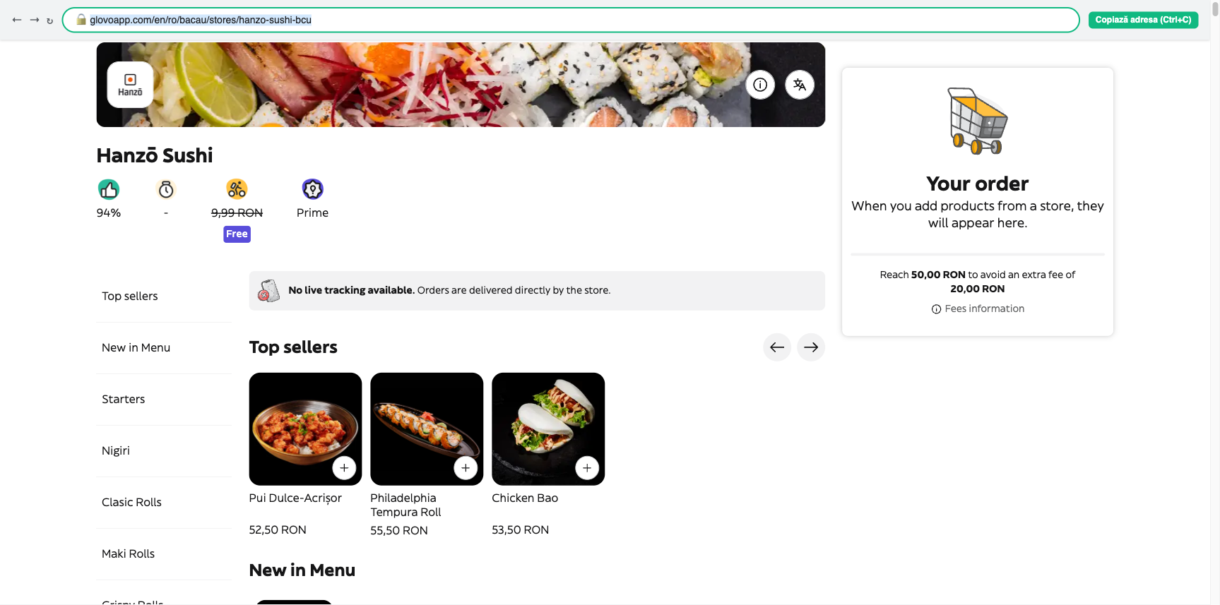 Pagina restaurantului pe Glovo, cu adresa selectată în bara browserului, gata de copiat
