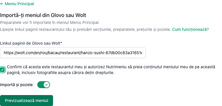 Pasul 1 al importului: linkul paginii de restaurant, autorizarea și opțiunea de a importa pozele
