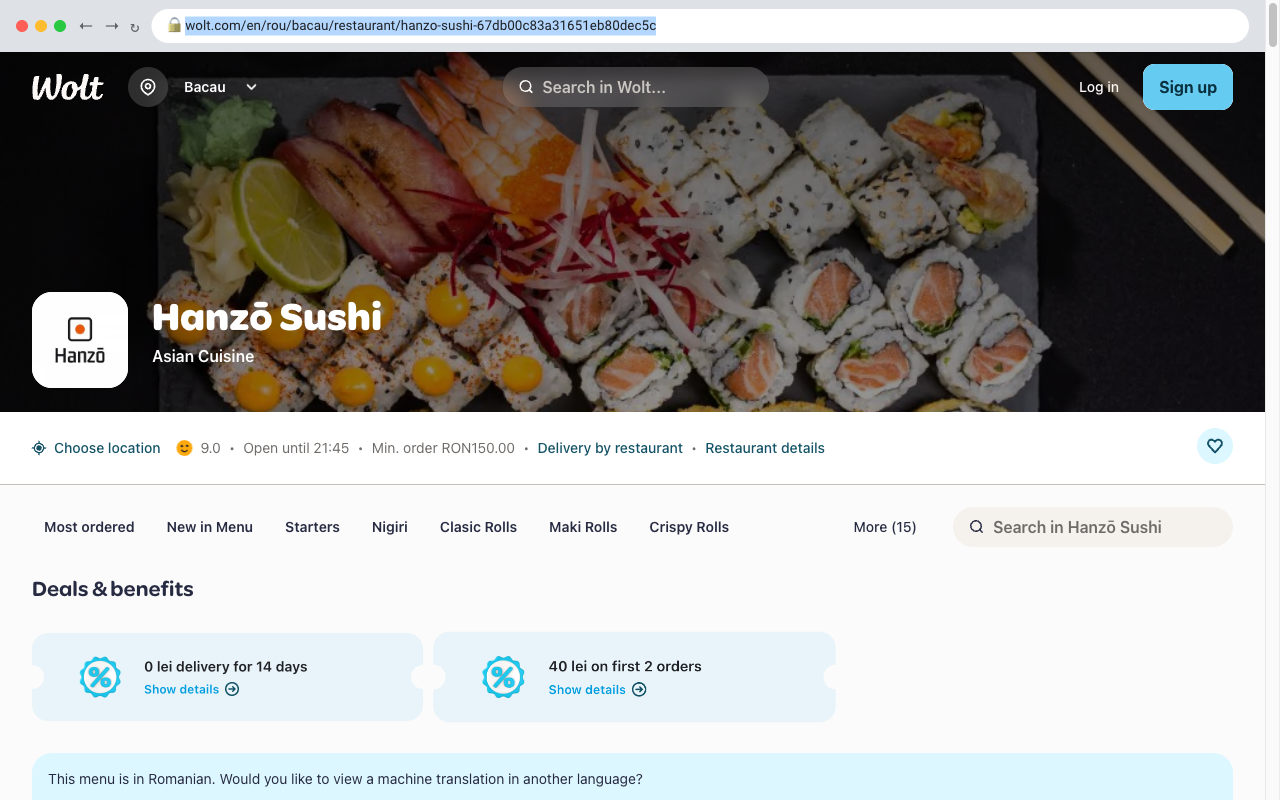 Pagina restaurantului pe Wolt, cu adresa selectată în bara browserului, gata de copiat