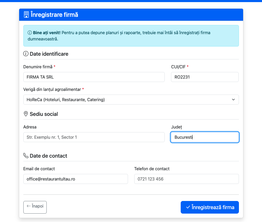 Formularul de înregistrare a firmei pe platforma MADR