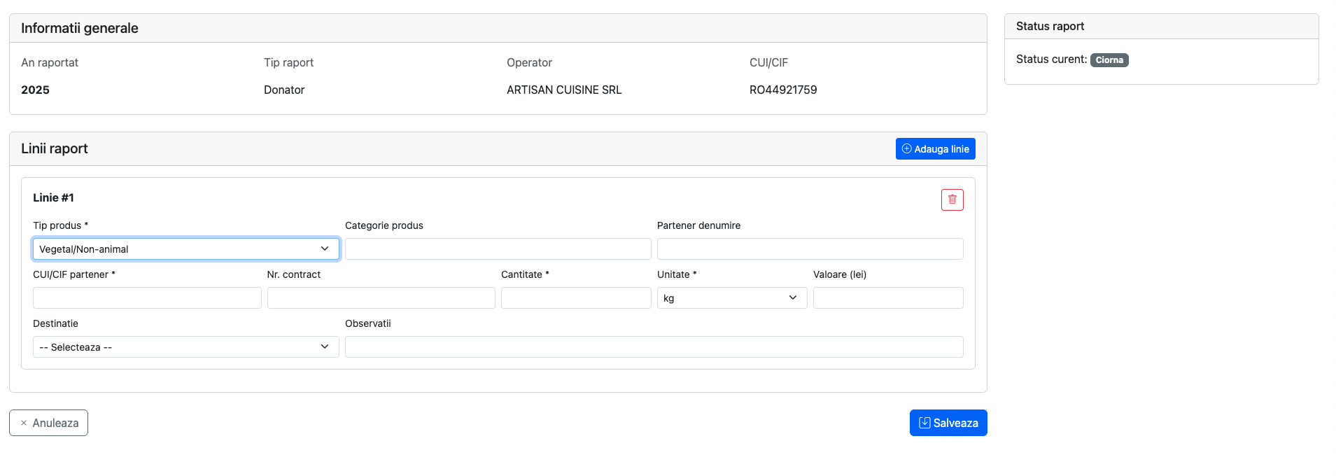 Formularul de raport donator, cu liniile de completat
