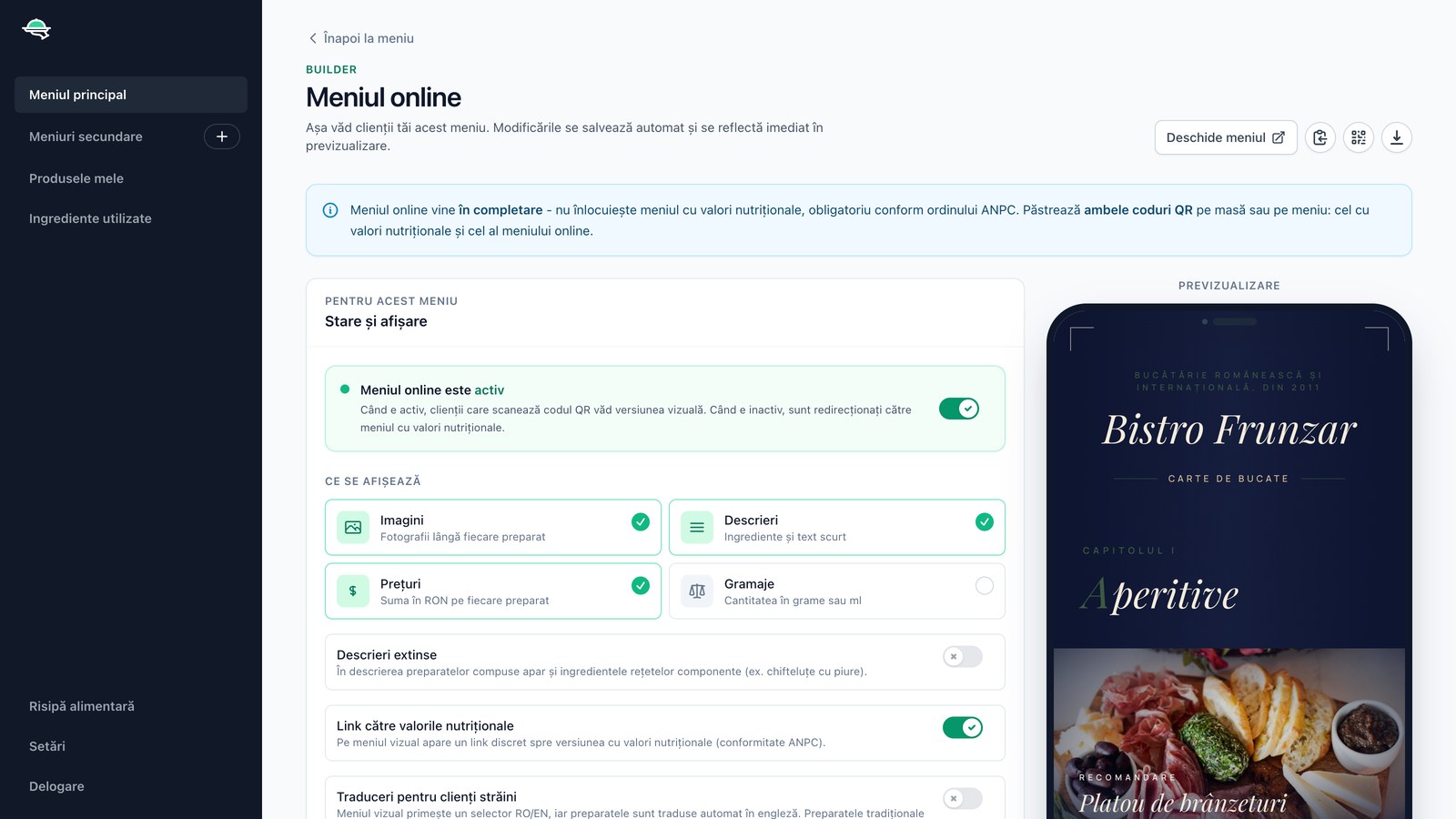 Pagina meniului online din cont, cu temele în stânga și previzualizarea pe telefon în dreapta