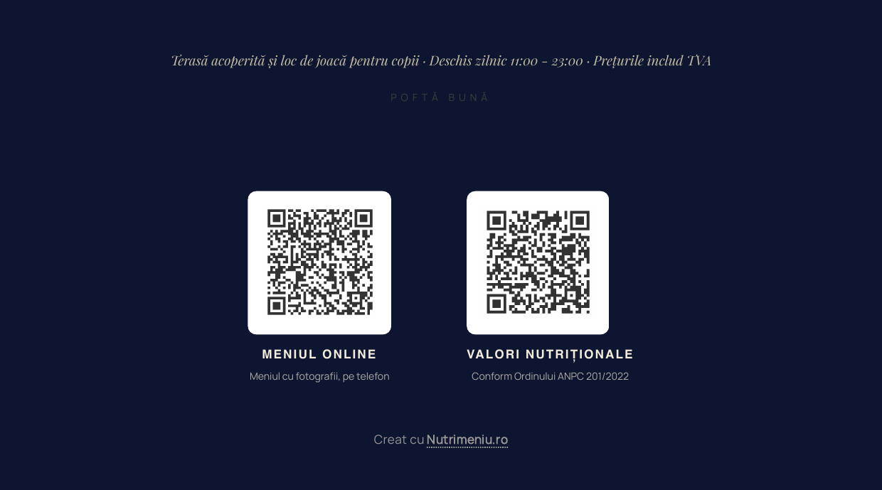 Ultima pagină a meniului tipărit, cu cele două coduri QR și etichetele lor