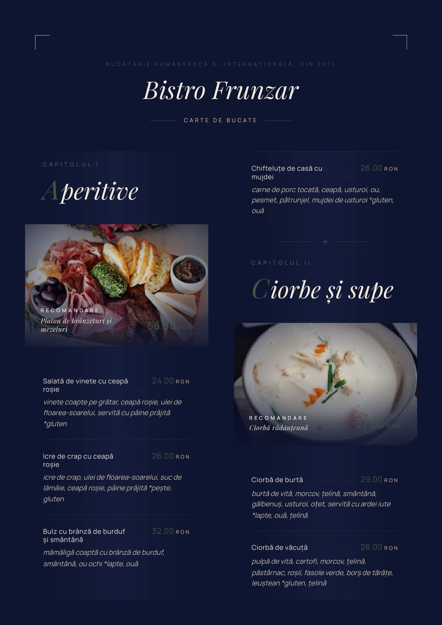 Pagina unui meniu în PDF, pe două coloane, cu fotografiile preparatelor recomandate