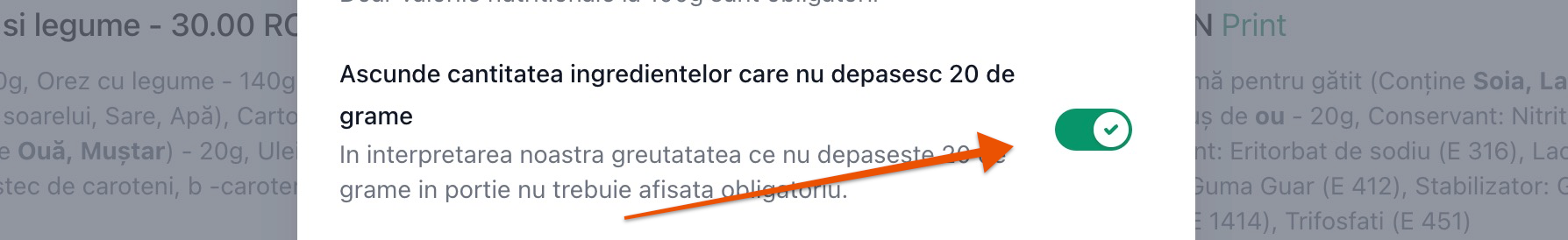 Omitere cantitatea ingredientelor care nu depasesc 20 de grame