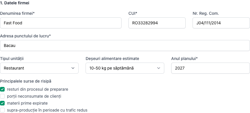 Formularul cu datele firmei din modulul de risipă alimentară