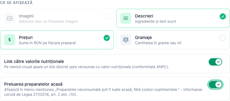 Setarea Preluarea preparatelor acasă din pagina Meniul online