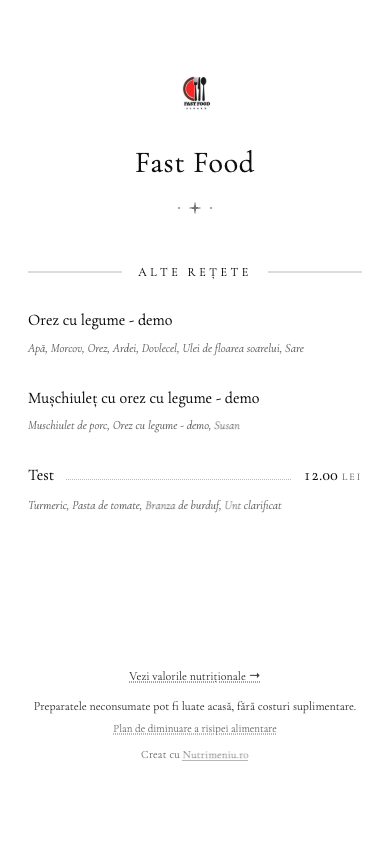Meniul online cu mențiunea take-home și linkul către plan