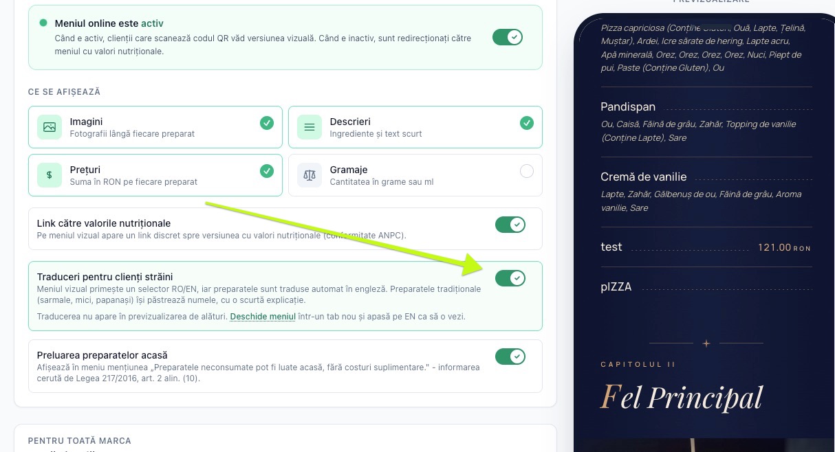 Setările meniului online, cu opțiunea Traduceri pentru clienți străini activată